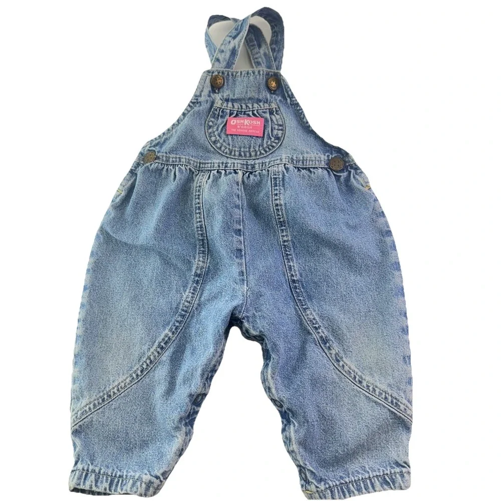 Oshkosh B'Gosh Vintage Infant Girls Light Wash Denim Baggy Overalls Jeans 18 Mon